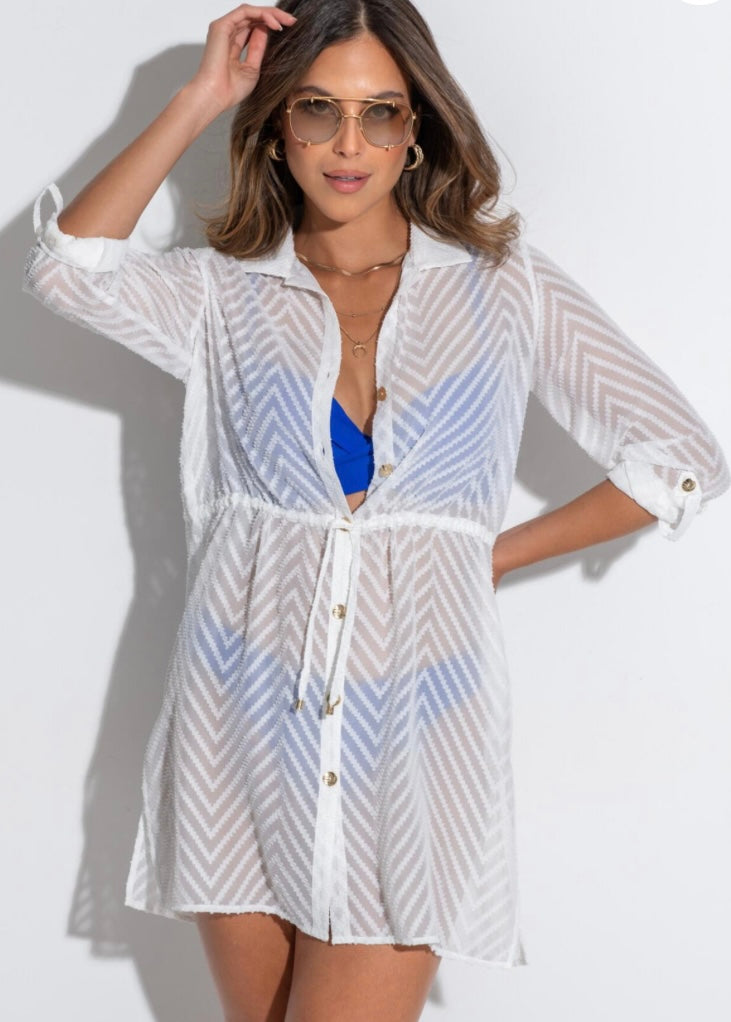 POUR MOI Chevron Stripe Button Through Beach Shirt - White