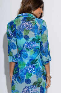 POUR MOI Chiffon Button Through Beach Shirt - Aqua Tropical
