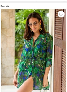 POUR MOI Chiffon Button Through Beach Shirt - Navy Fern