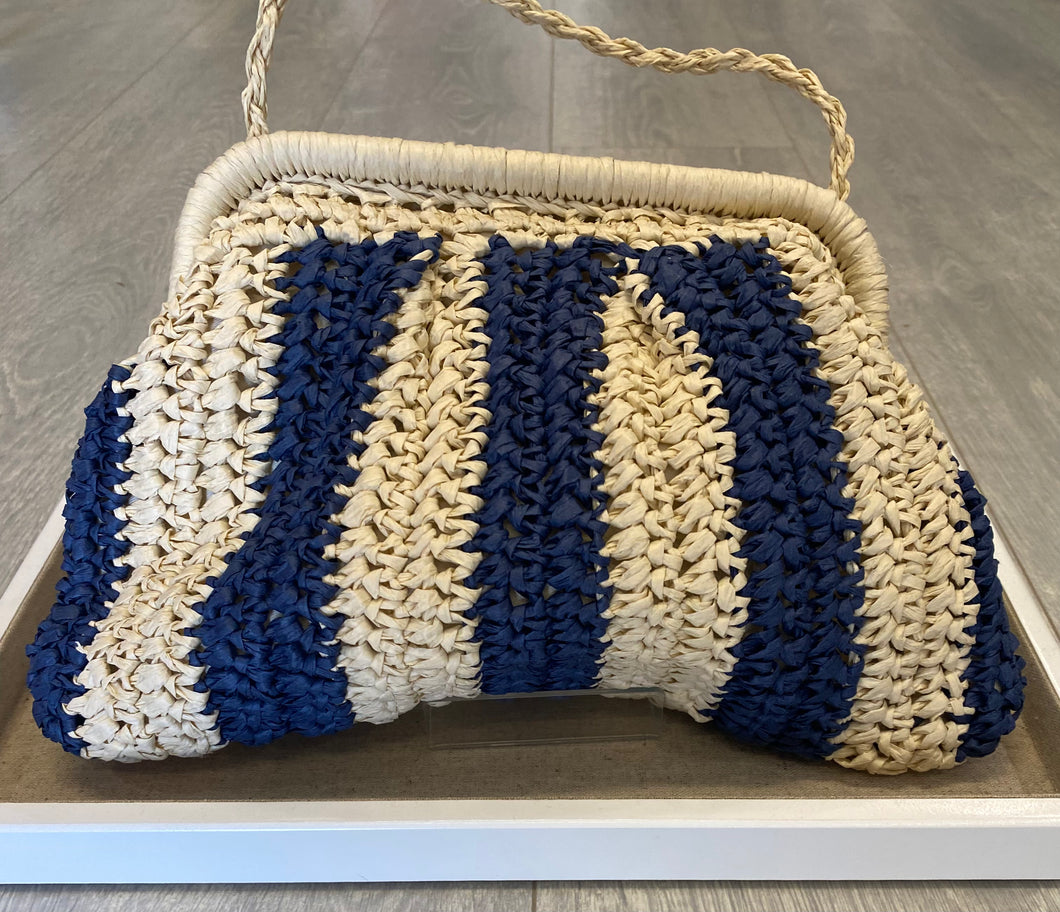 Stripe Raffia Clutch -Navy