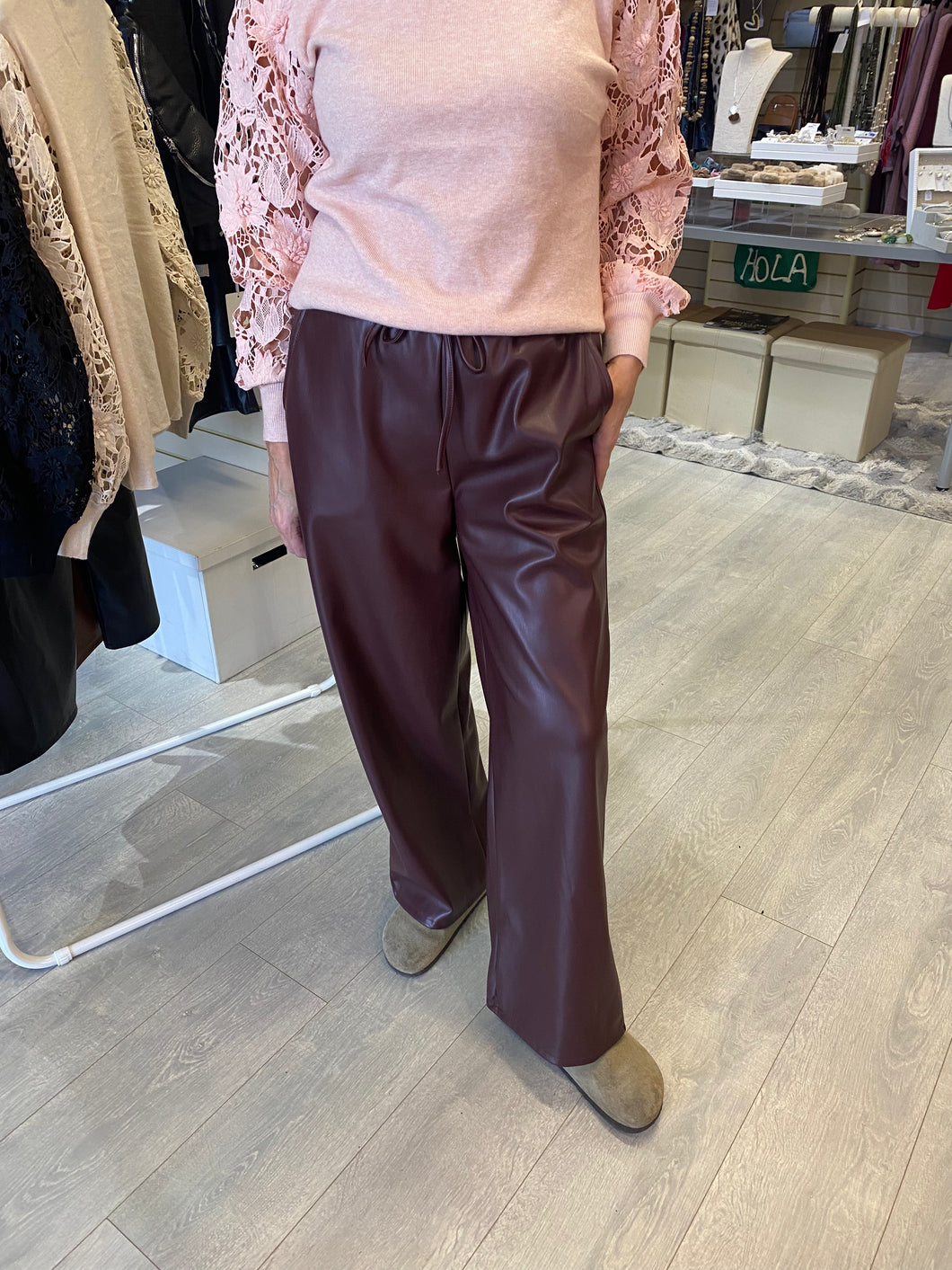 Leather Look Straight Leg Pants - Berry