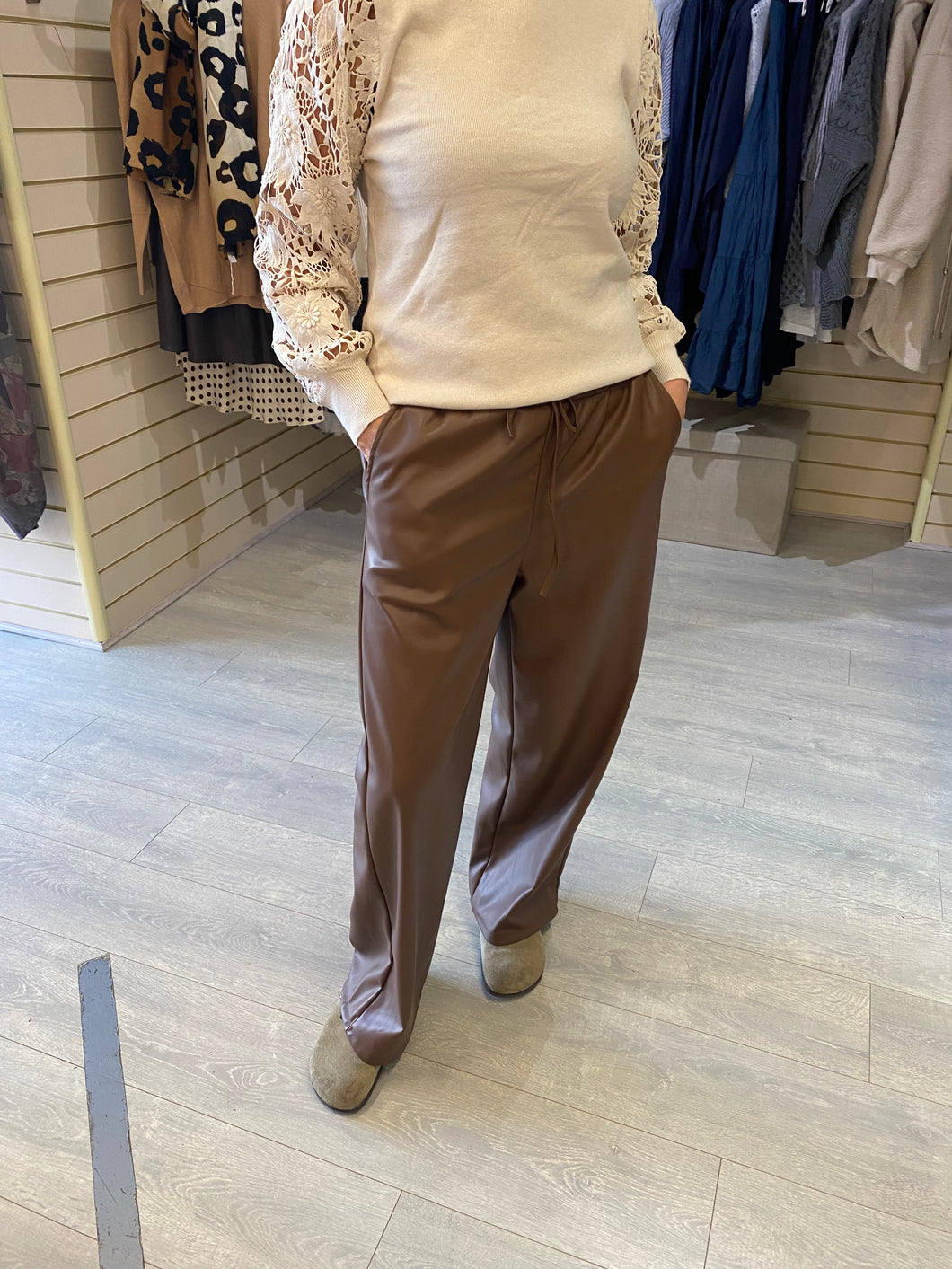 Leather Look Straight Leg Pants -Earth