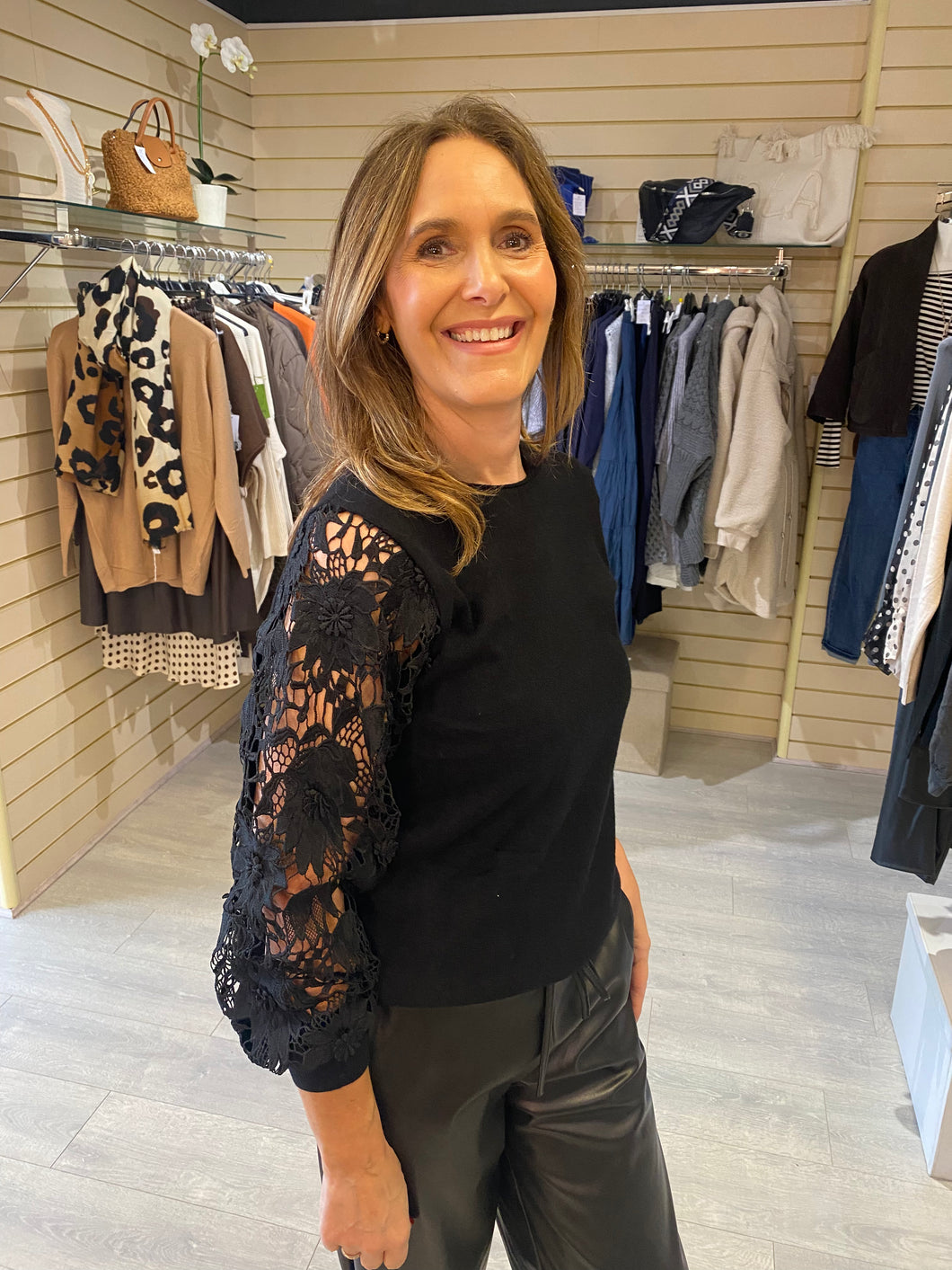 Lacey crochet sleeve knit - black